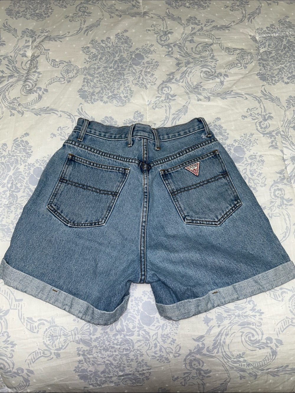 Vintage Guess Denim High-Rise Rolled Hem Shorts in Blue